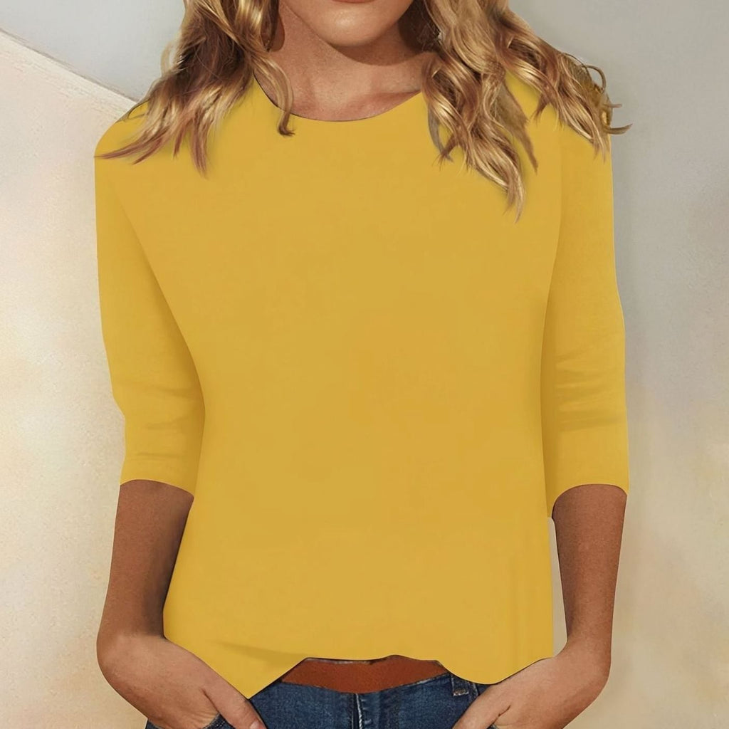 Women's Casual Solid Crew-Neck 3/4 Sleeve Top - Yellow
