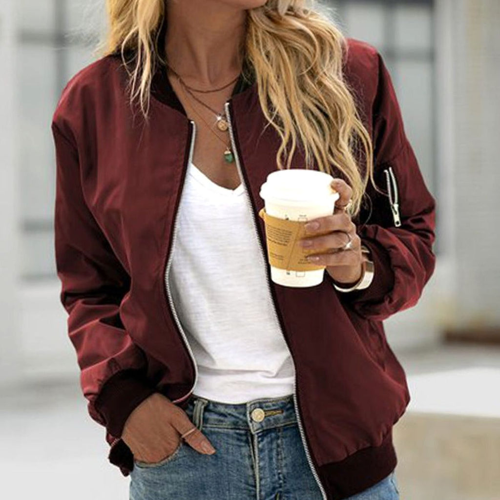 Women's Casual Zip-Up Long Sleeve Bomber Jacket - Burgundy