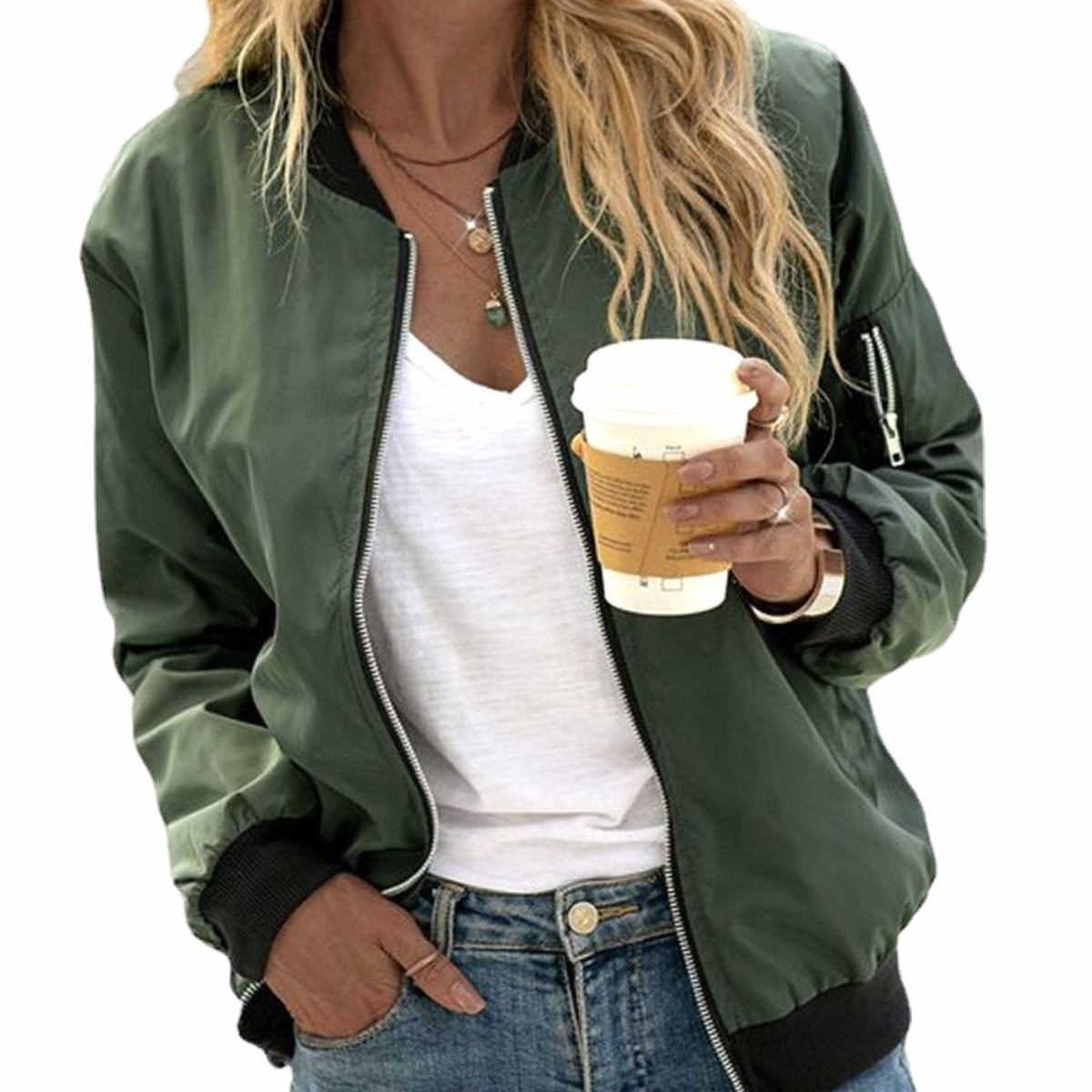 Women's Casual Zip-Up Long Sleeve Bomber Jacket - Army Green