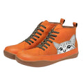 Women's Cat Print Lace-Up High-Top Leather Ankle Boots - Orange