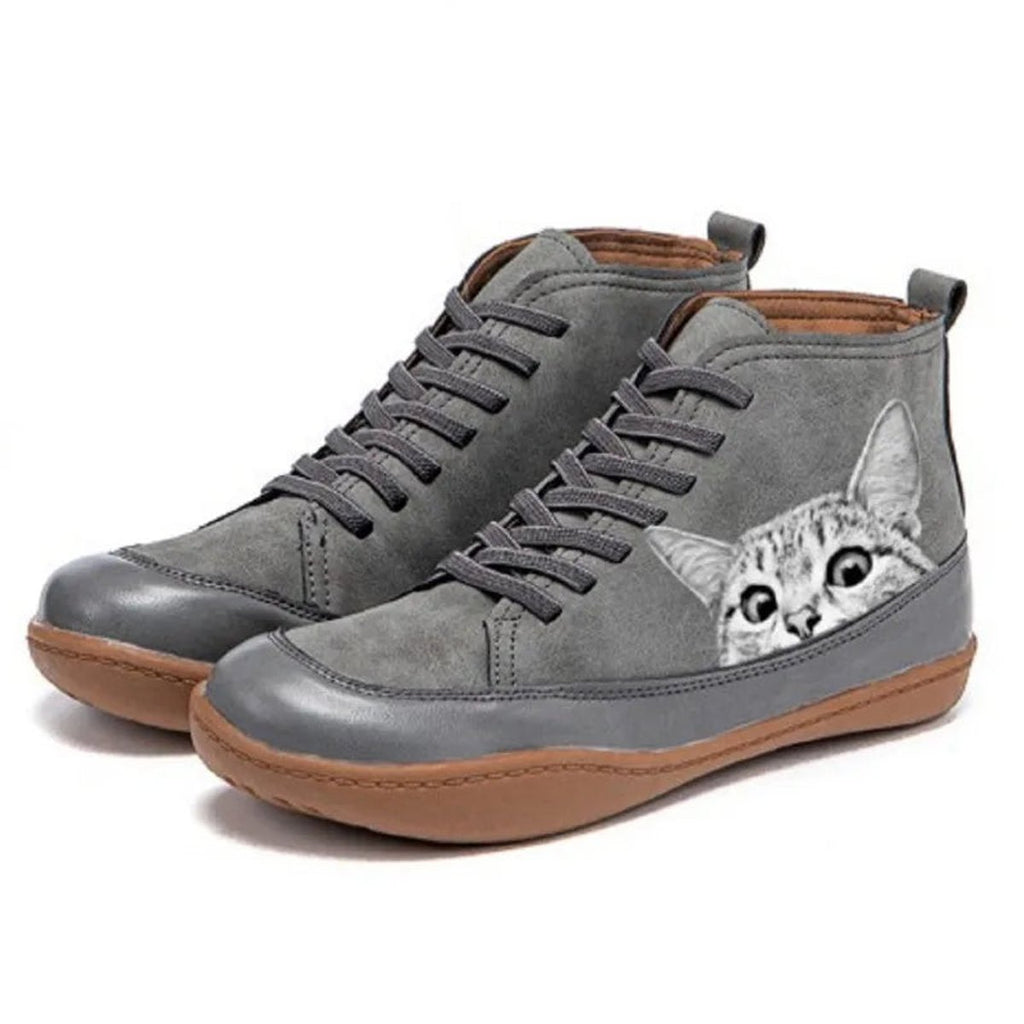 Women's Cat Print Lace-Up High-Top Leather Ankle Boots - Gray