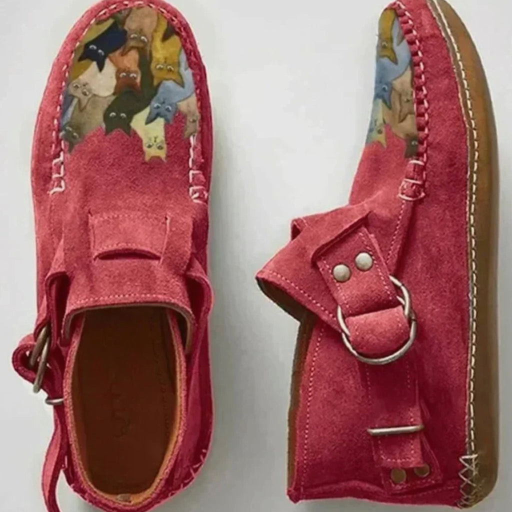 Women's Cat Print Suede Buckle Slip-On Casual Flat Shoes - Red