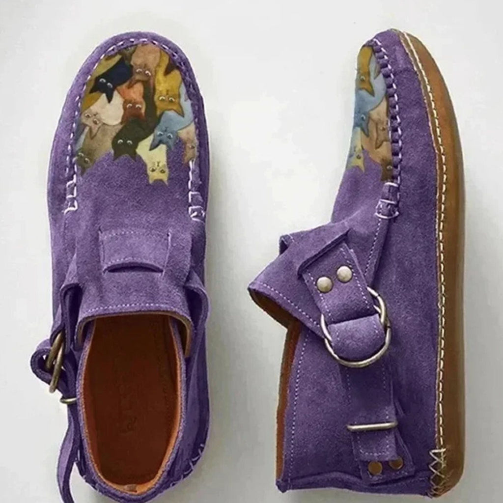Women's Cat Print Suede Buckle Slip-On Casual Flat Shoes - Purple