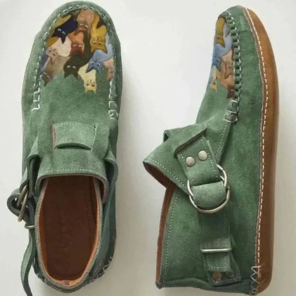 Women's Cat Print Suede Buckle Slip-On Casual Flat Shoes - Green