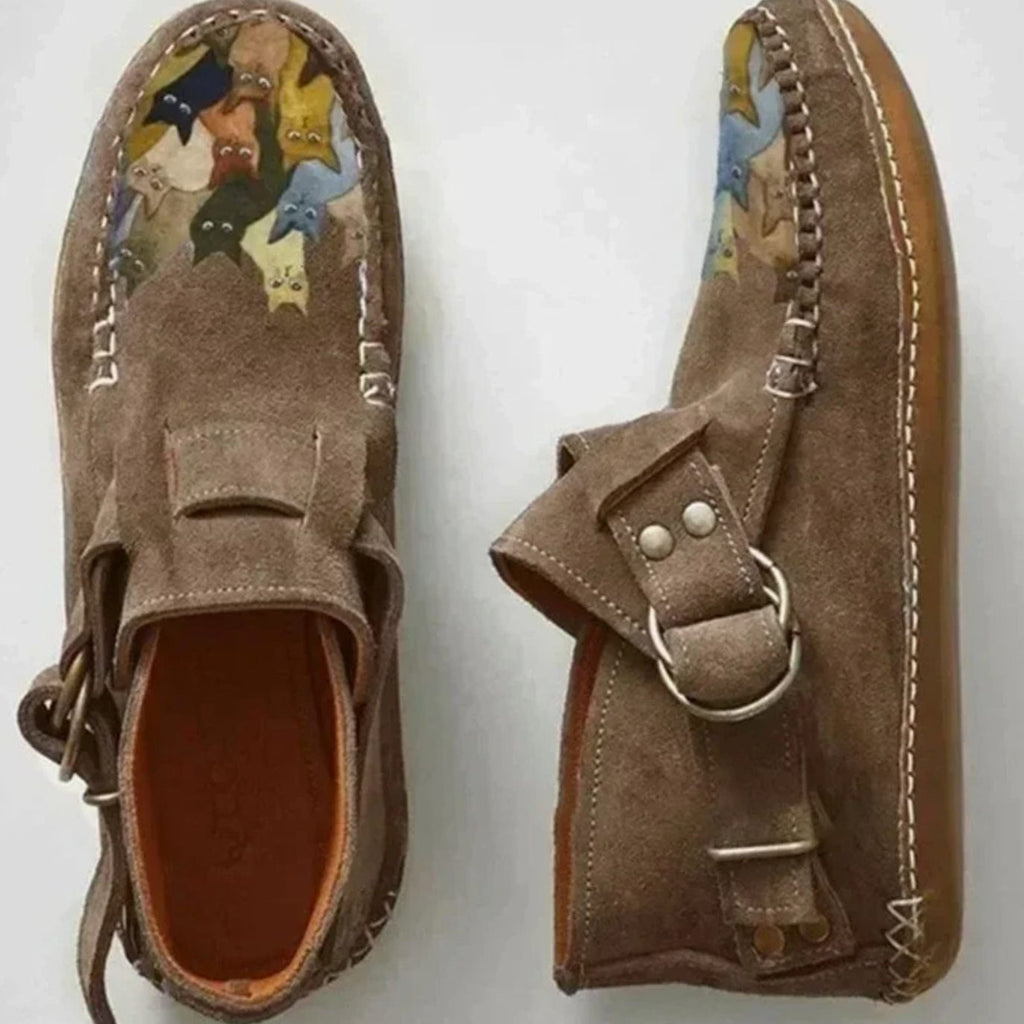 Women's Cat Print Suede Buckle Slip-On Casual Flat Shoes - Khaki