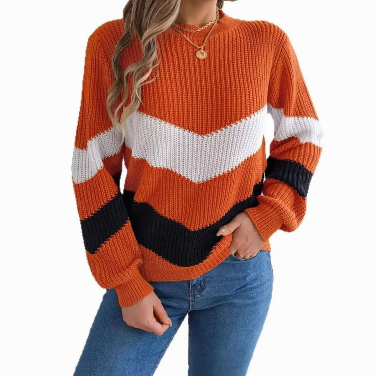 Women's Chevron Color-Block Crew Neck Knit Sweater