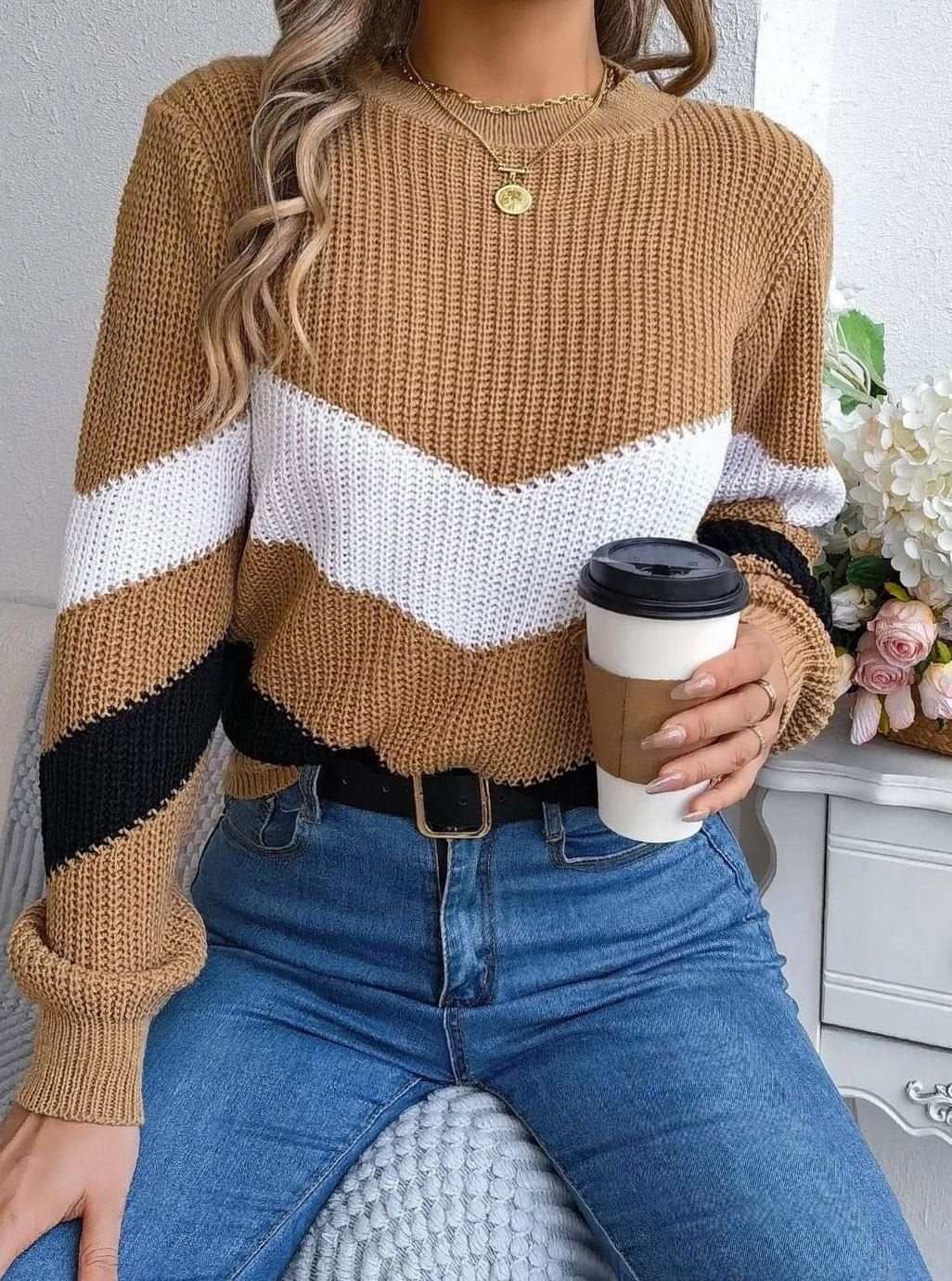 Women's Chevron Color-Block Crew Neck Knit Sweater - Khaki