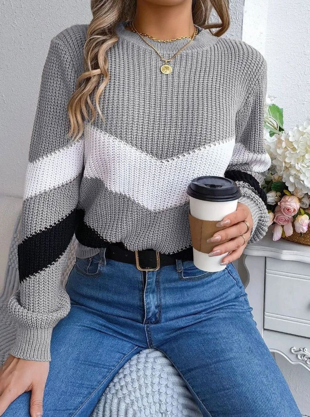 Women's Chevron Color-Block Crew Neck Knit Sweater - Gray