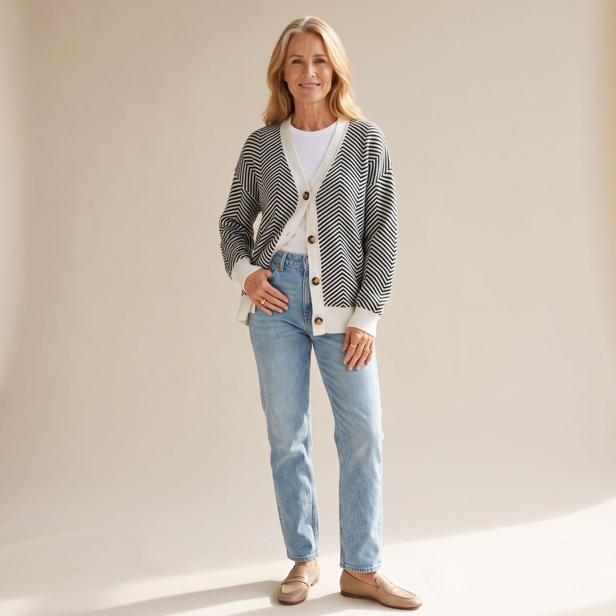 Women's Chevron Knit V-Neck Button-Up Cardigan