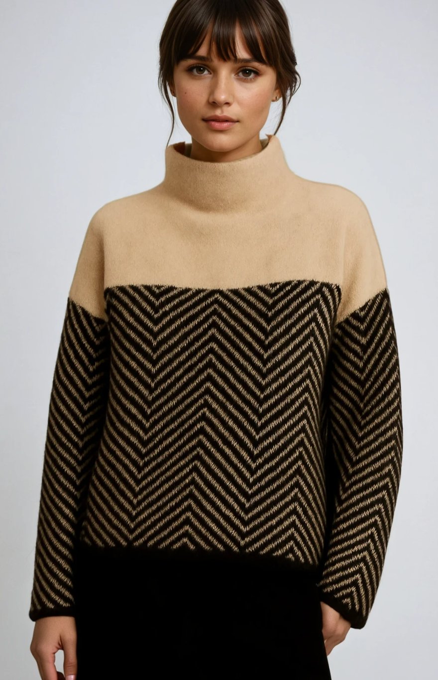 Women's Chevron Turtleneck Sweater Relaxed-Fit Dropped-Shoulder Knit - Beige