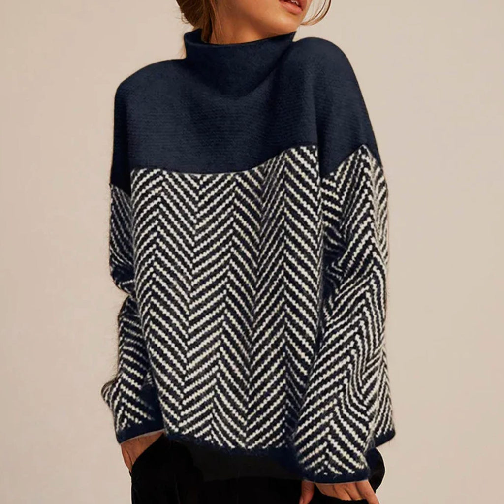 Women's Chevron Turtleneck Sweater Relaxed-Fit Dropped-Shoulder Knit - Navy Blue