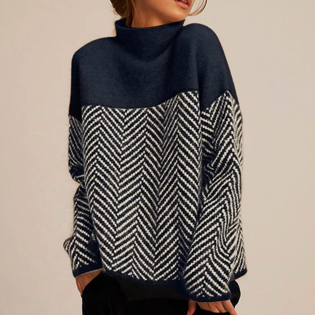 Women's Chevron Turtleneck Sweater Relaxed-Fit Dropped-Shoulder Knit - Navy Blue