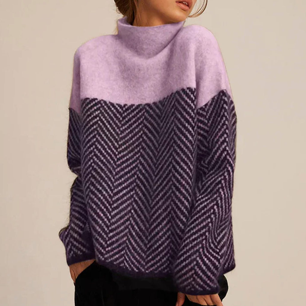 Women's Chevron Turtleneck Sweater Relaxed-Fit Dropped-Shoulder Knit - Purple