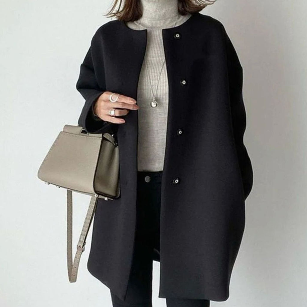 Women's Chic Winter Coat Collarless Button-Front Midi - Black