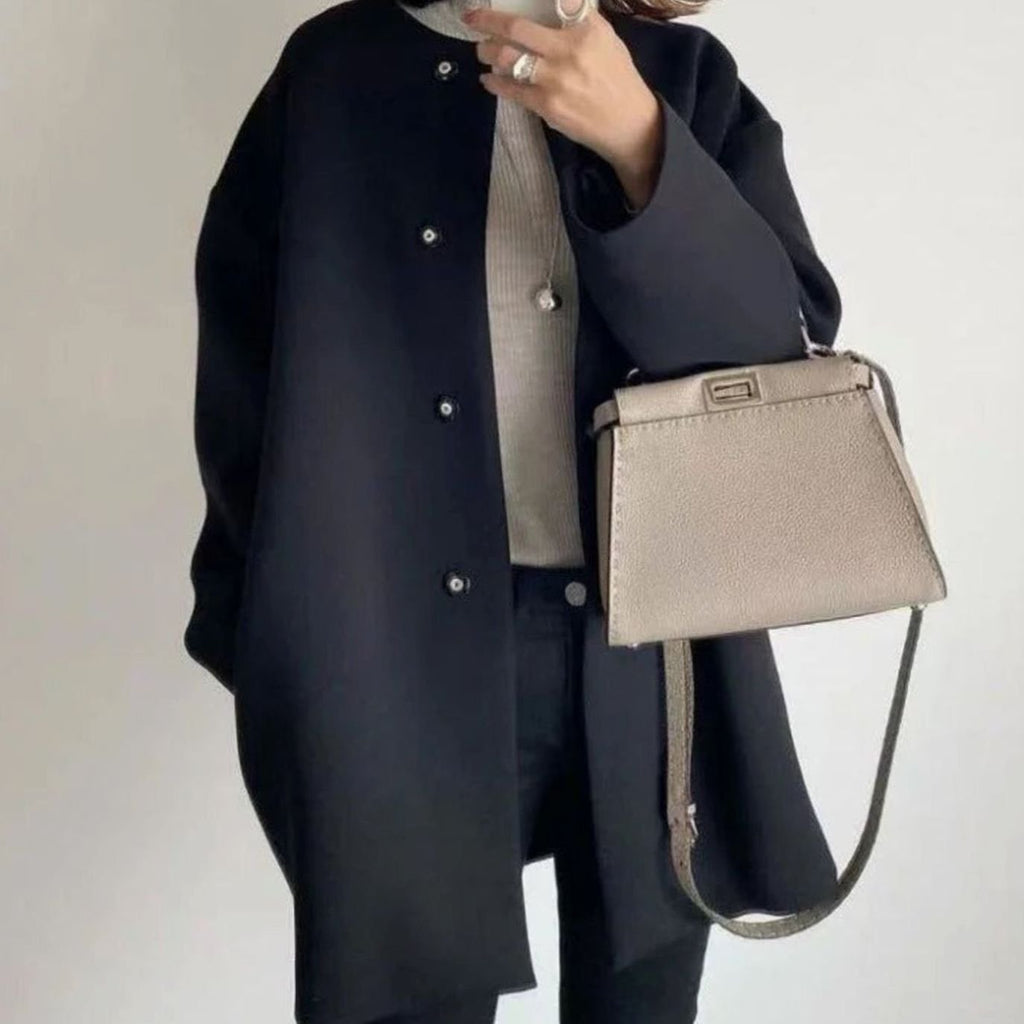 Women's Chic Winter Coat Collarless Button-Front Midi