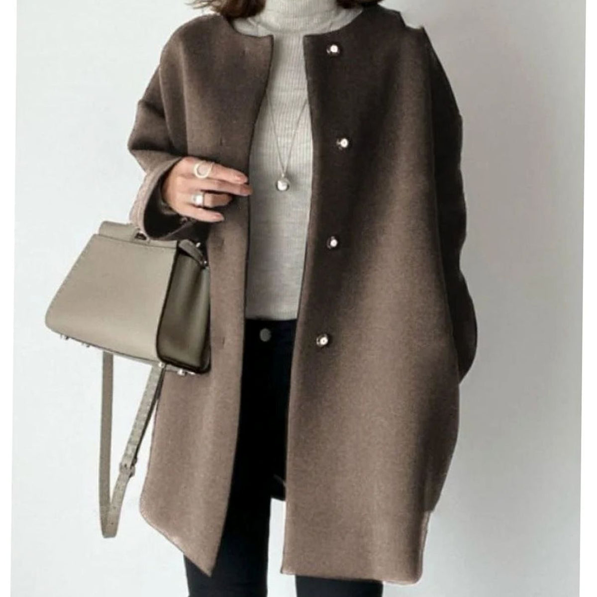 Women's Chic Winter Coat Collarless Button-Front Midi - Brown