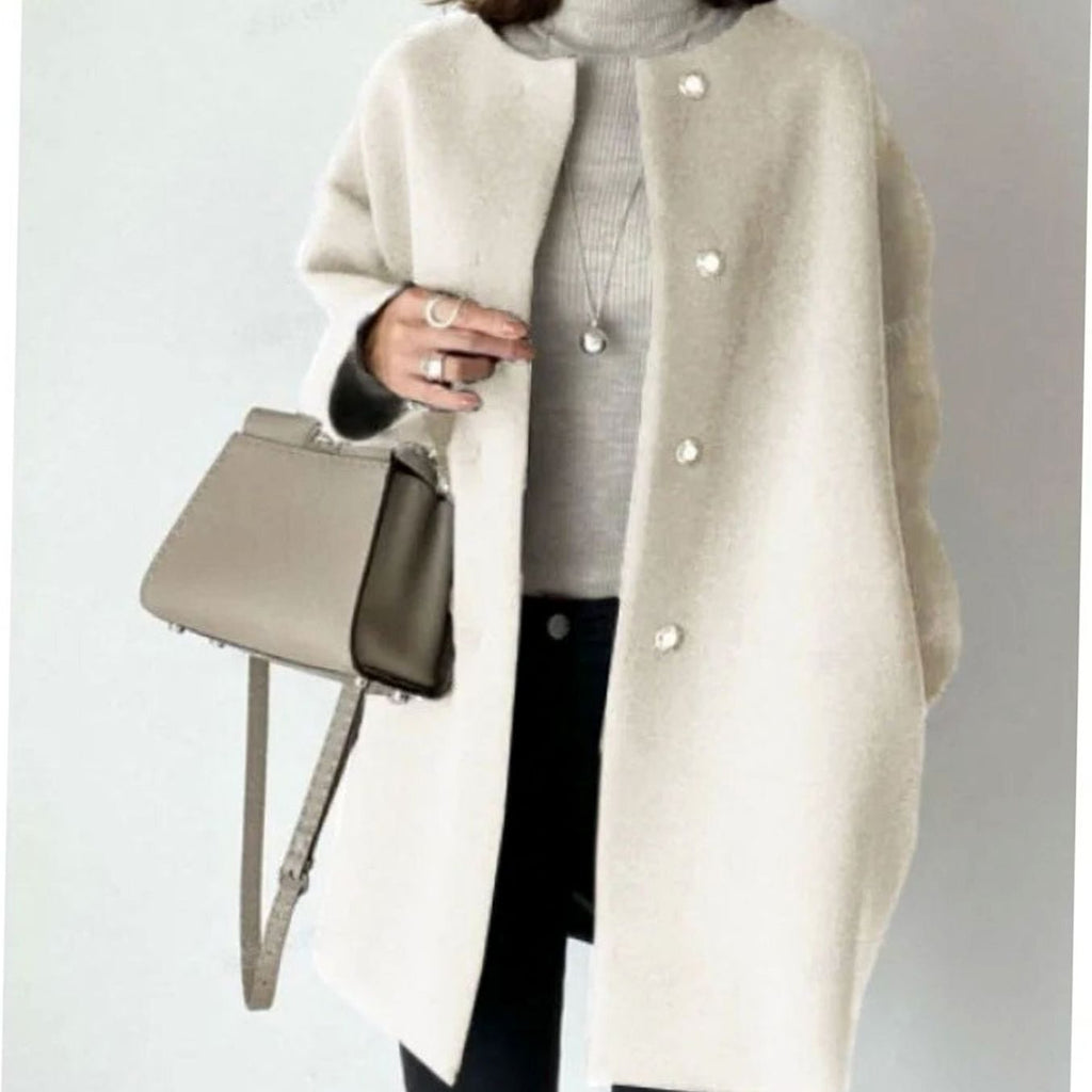 Women's Chic Winter Coat Collarless Button-Front Midi - White