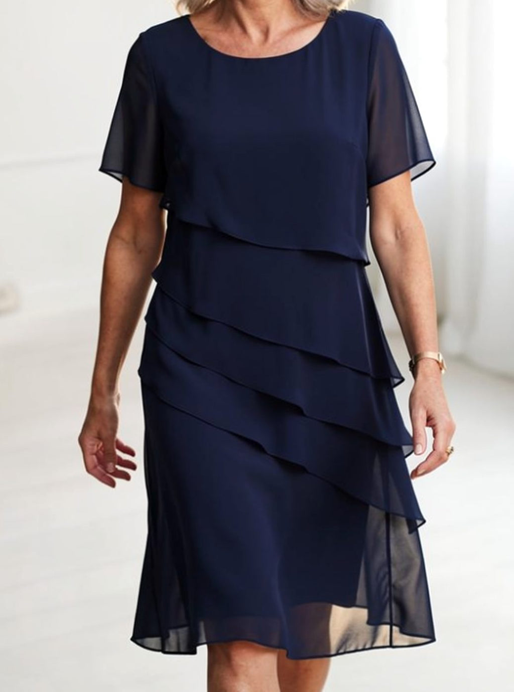 Women's Chiffon Tiered Ruffle Short-Sleeve Midi Dress - Navy Blue