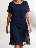 Women's Chiffon Tiered Ruffle Short-Sleeve Midi Dress - Navy Blue