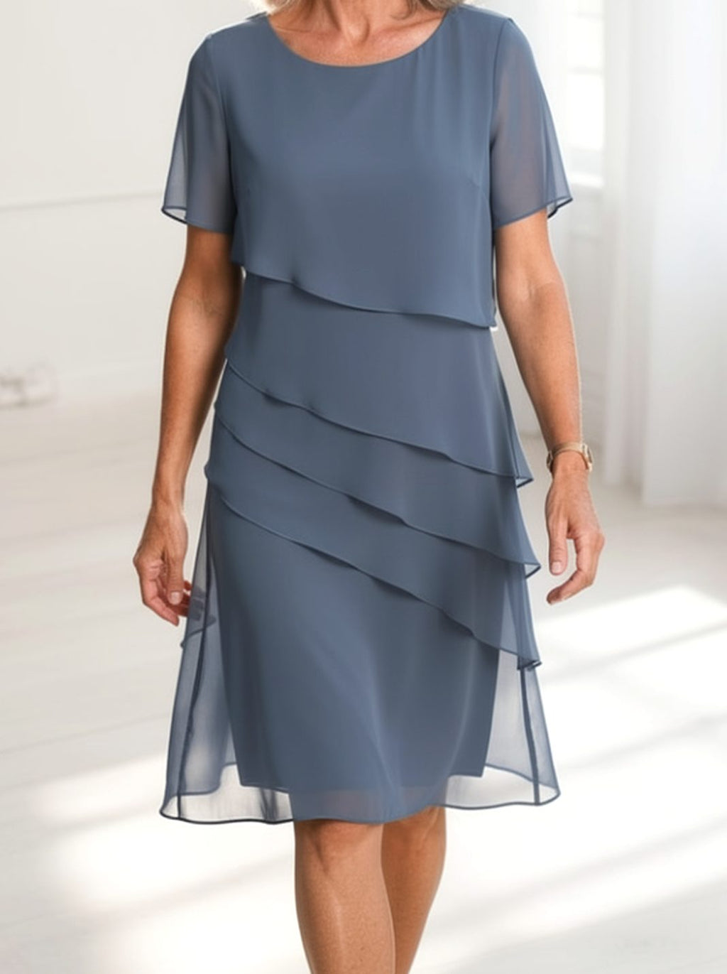 Women's Chiffon Tiered Ruffle Short-Sleeve Midi Dress - Blue