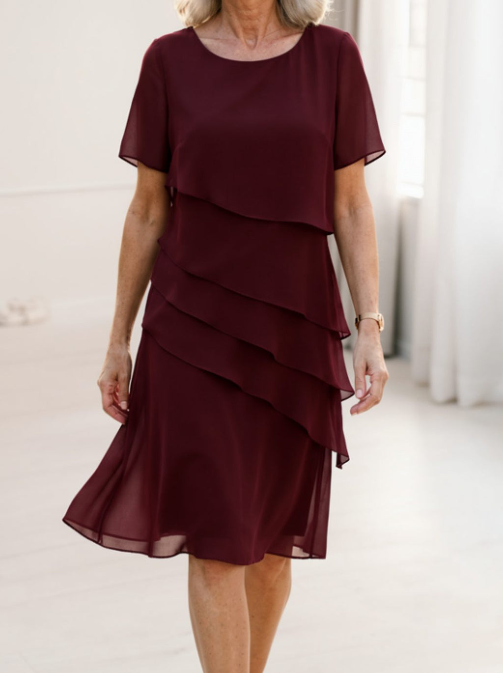 Women's Chiffon Tiered Ruffle Short-Sleeve Midi Dress - Red