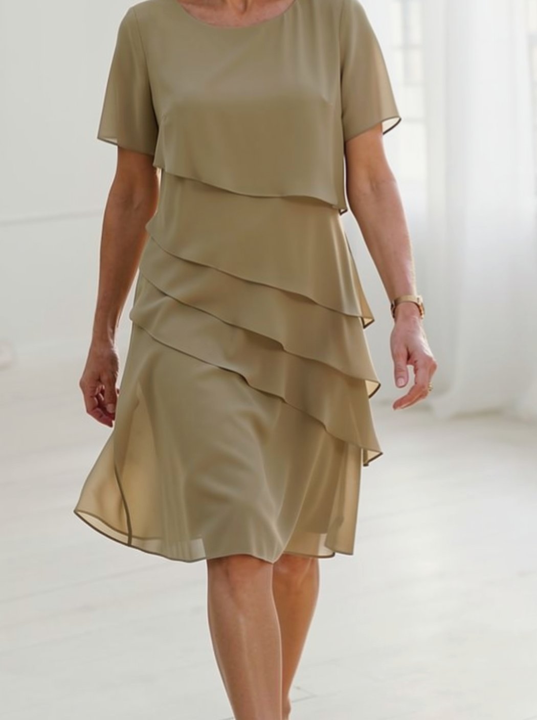 Women's Chiffon Tiered Ruffle Short-Sleeve Midi Dress - Khaki