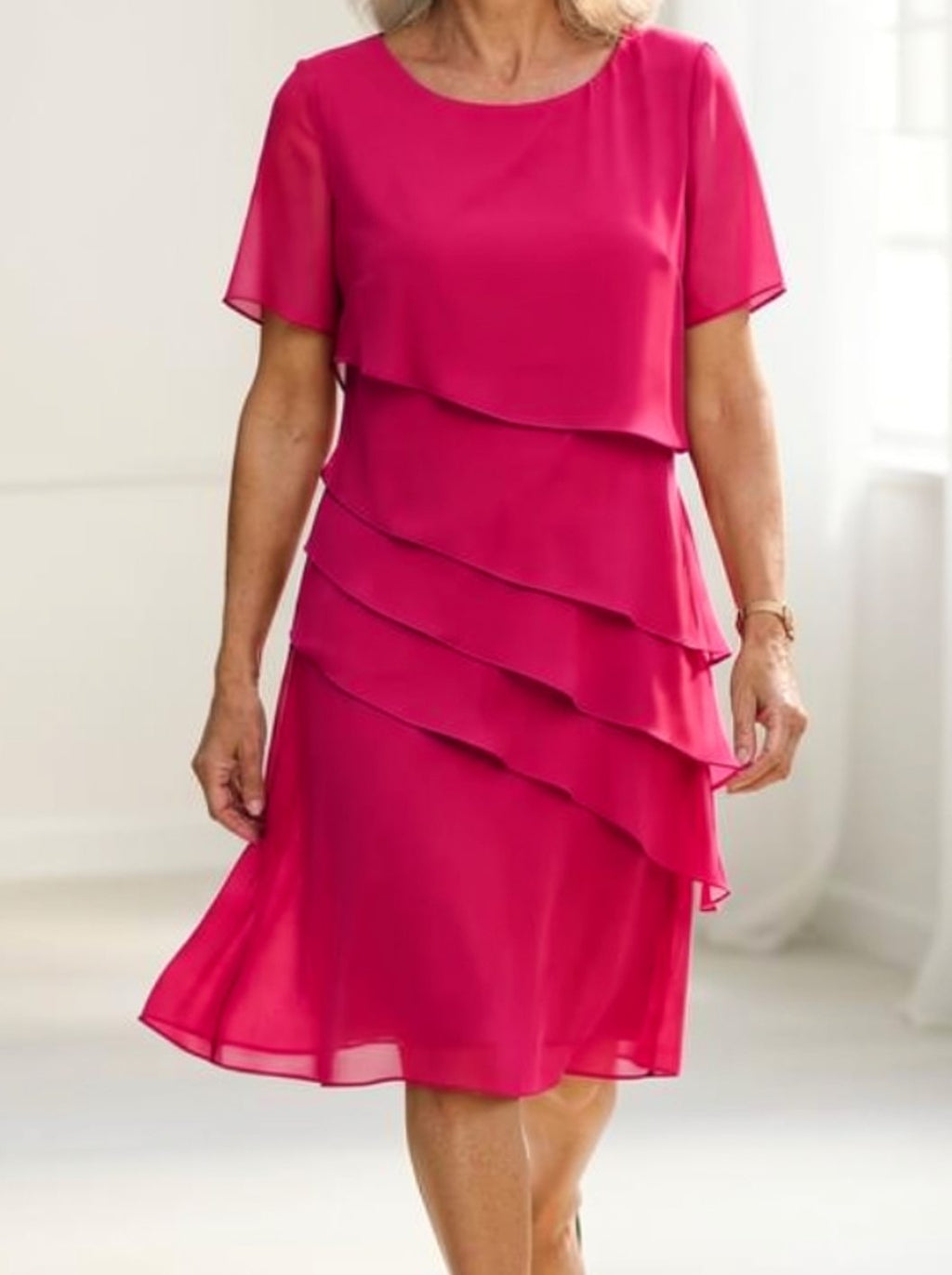 Women's Chiffon Tiered Ruffle Short-Sleeve Midi Dress - Pink