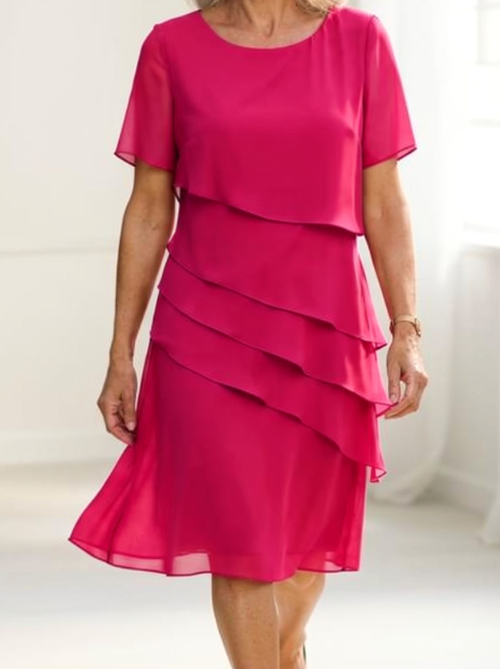 Women's Chiffon Tiered Ruffle Short-Sleeve Midi Dress - Pink
