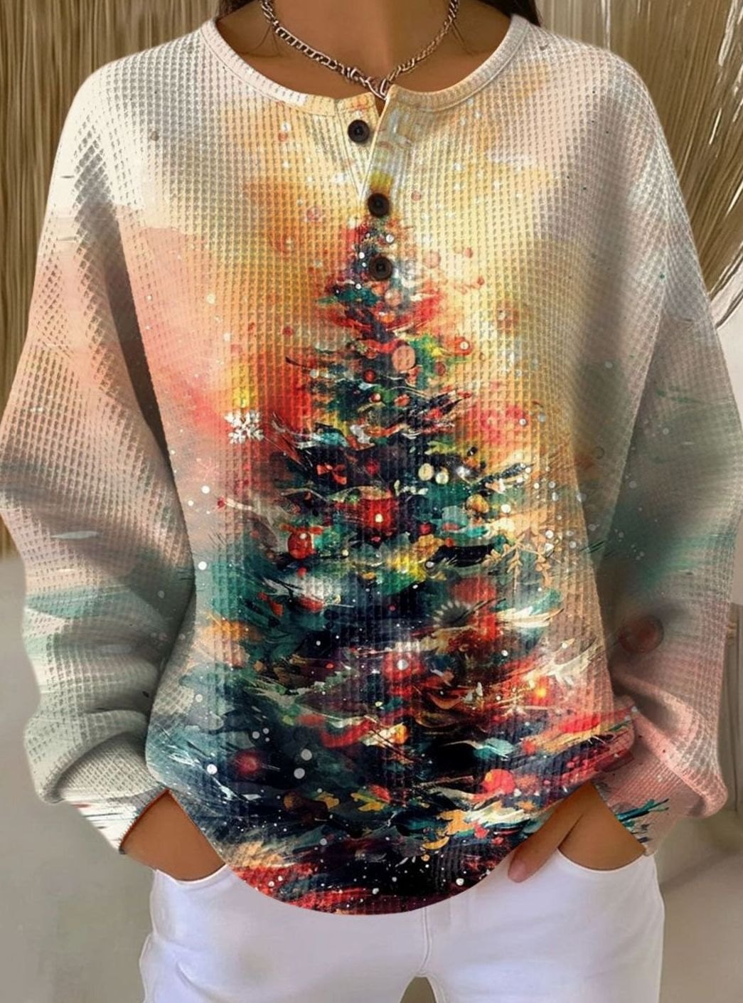 Women's Christmas Tree Waffle-Knit Henley Pullover Sweater, Multicolor - Art