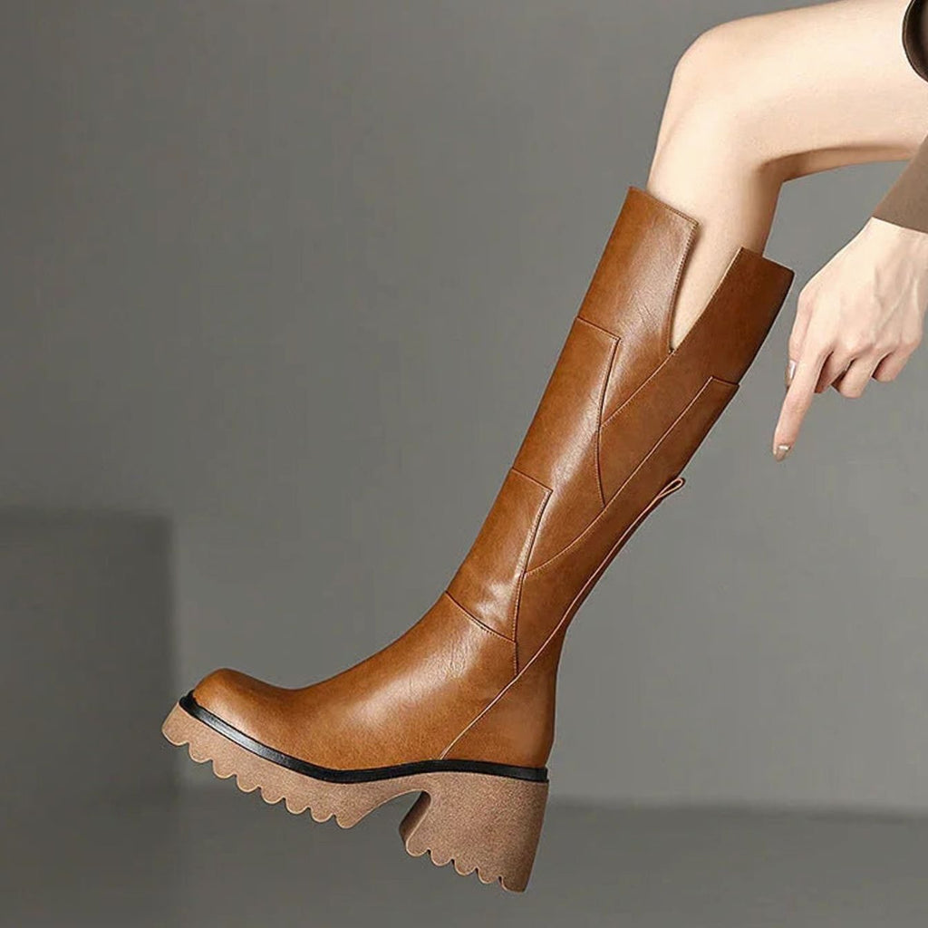 Women's Chunky Block Heel Knee-High Zip Boots - Brown