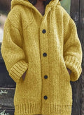 Women's Chunky Knit Hooded Oversized Cardigan with Pockets, Yellow - Yellow