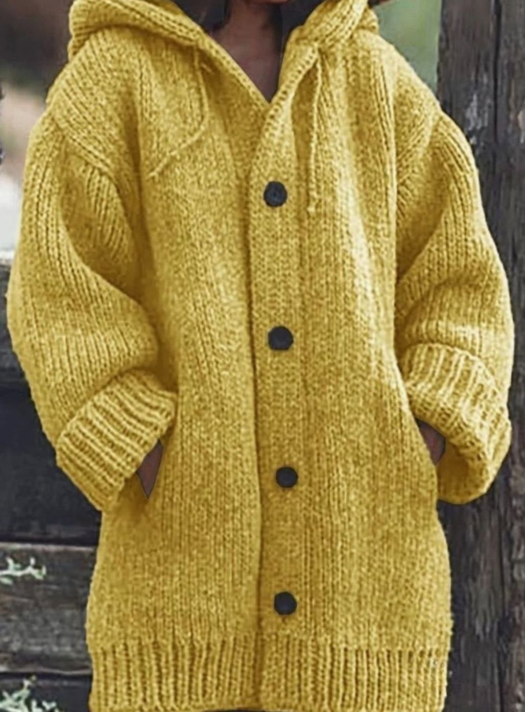 Women's Chunky Knit Hooded Oversized Cardigan with Pockets, Yellow - Yellow