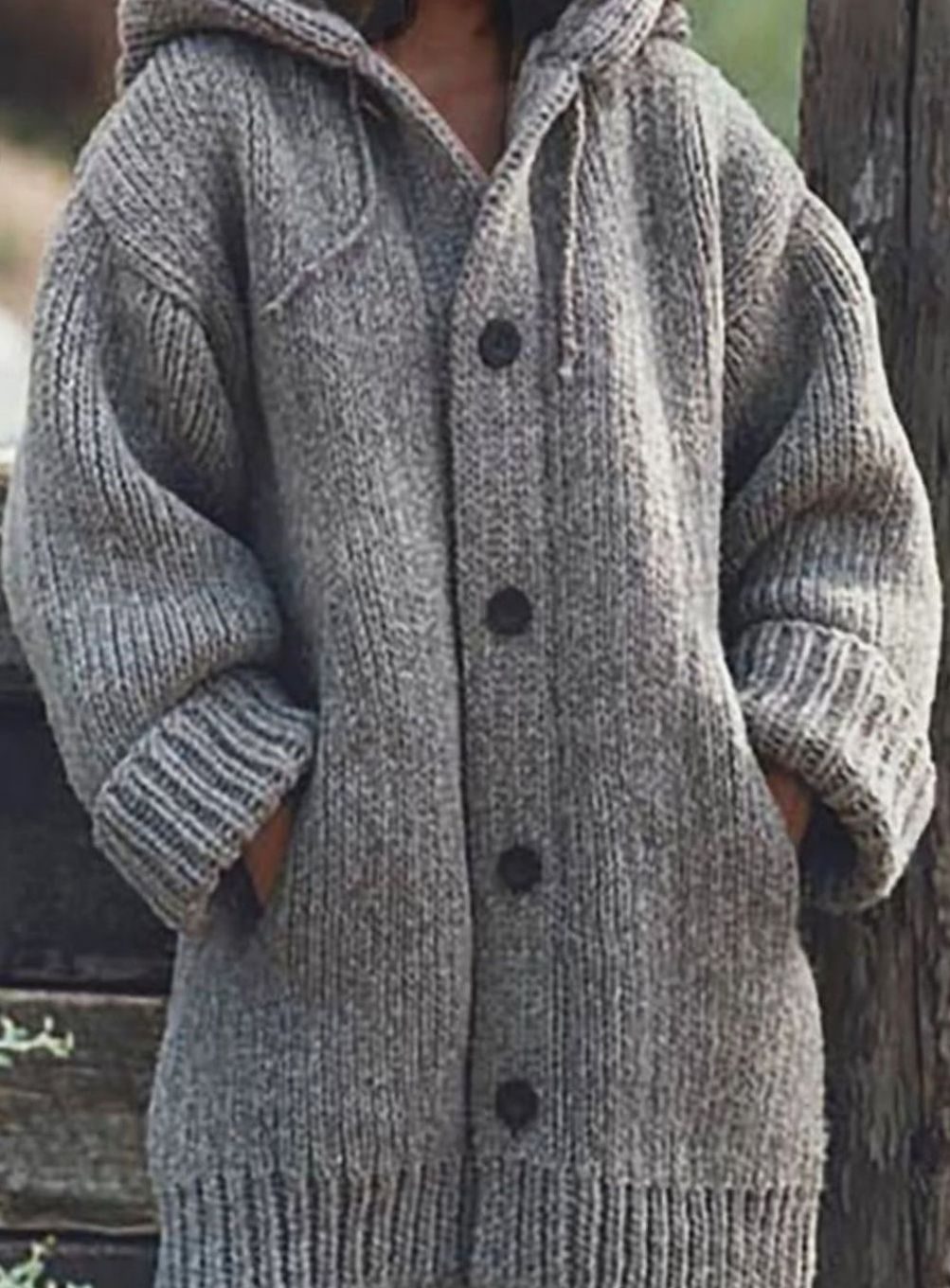 Women's Chunky Knit Hooded Oversized Cardigan with Pockets, Yellow - Gray