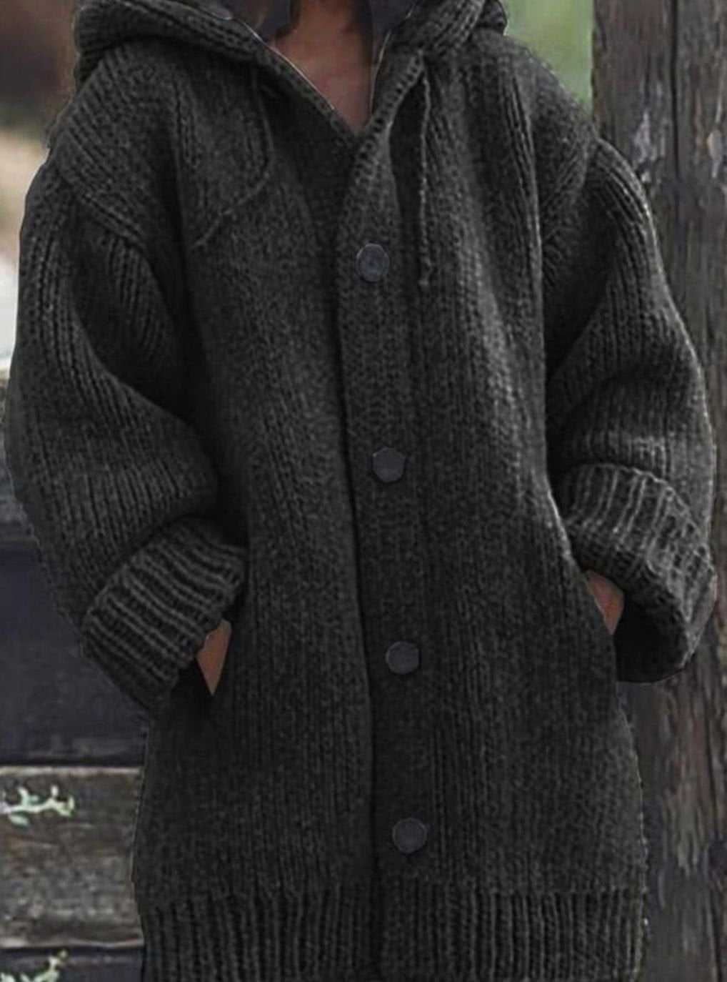 Women's Chunky Knit Hooded Oversized Cardigan with Pockets, Yellow - Black