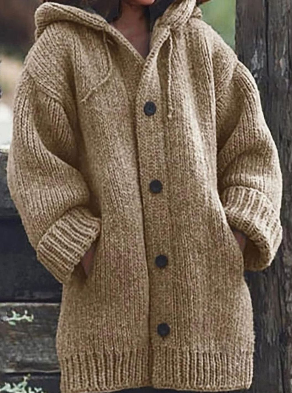 Women's Chunky Knit Hooded Oversized Cardigan with Pockets, Yellow - Khaki