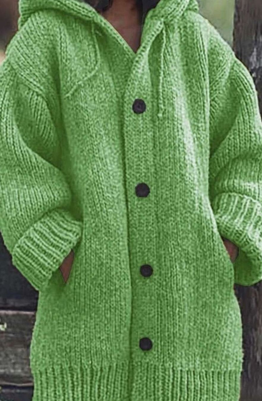 Women's Chunky Knit Hooded Oversized Cardigan with Pockets, Yellow - Green