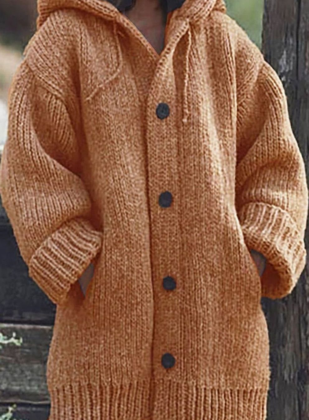 Women's Chunky Knit Hooded Oversized Cardigan with Pockets, Yellow - Orange