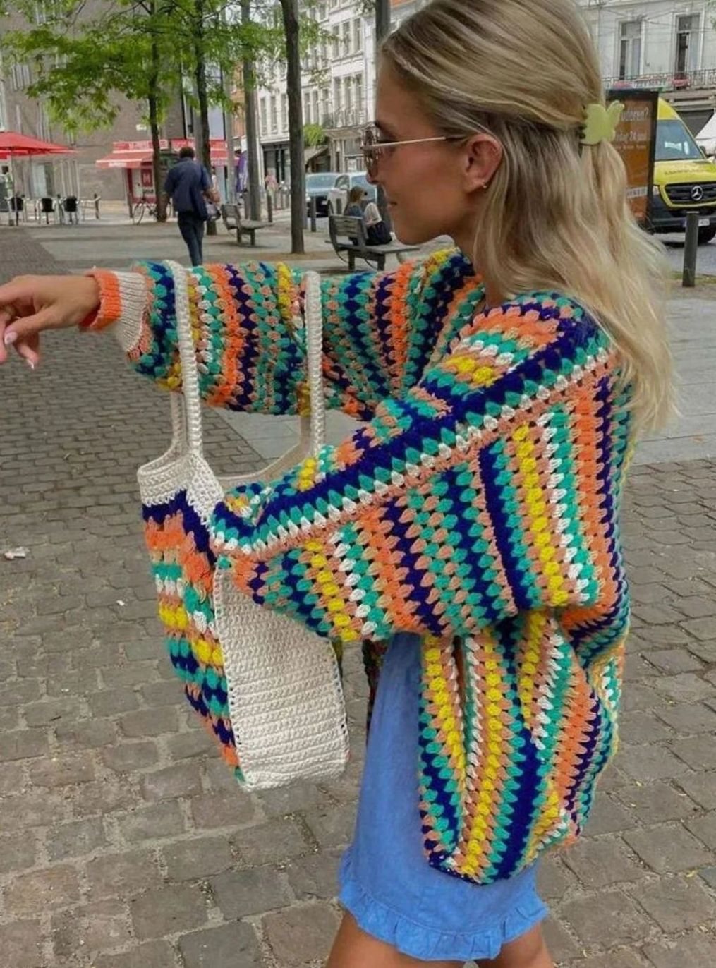 Women's Chunky Knit Rainbow Striped Open-Front Cardigan