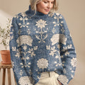 Women's Chunky Knit Turtleneck Sweater Floral Print Oversized Top - Blue