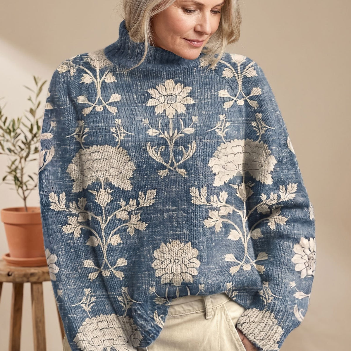 Women's Chunky Knit Turtleneck Sweater Floral Print Oversized Top - Blue