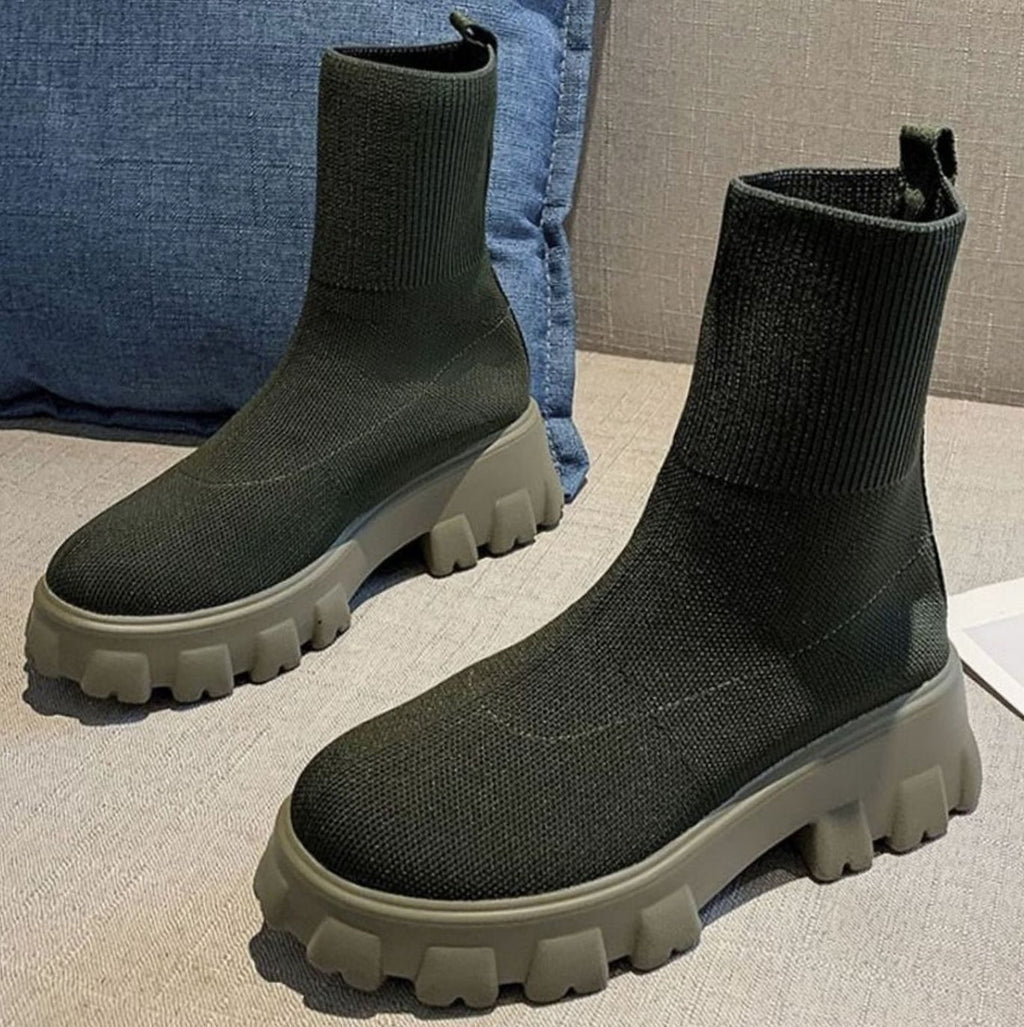 Women's Chunky Slip-On Sock Ankle Heel Boots Lug Sole