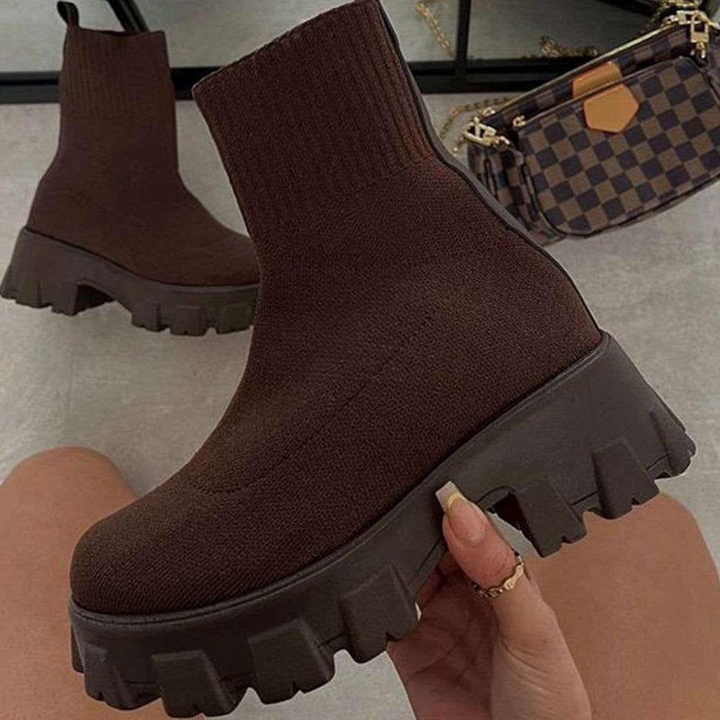 Women's Chunky Slip-On Sock Ankle Heel Boots Lug Sole - Brown
