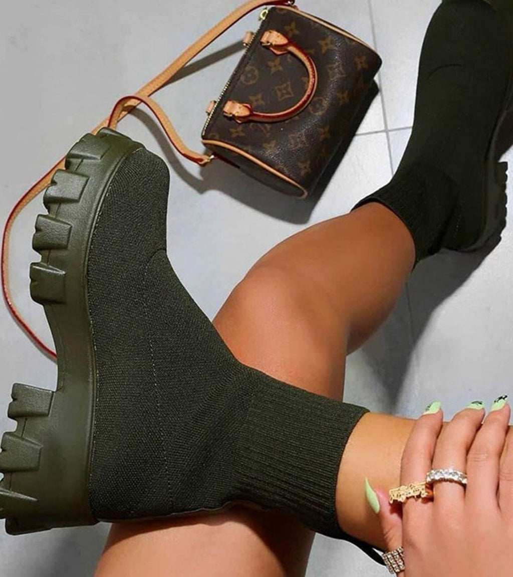Women's Chunky Slip-On Sock Ankle Heel Boots Lug Sole - Green