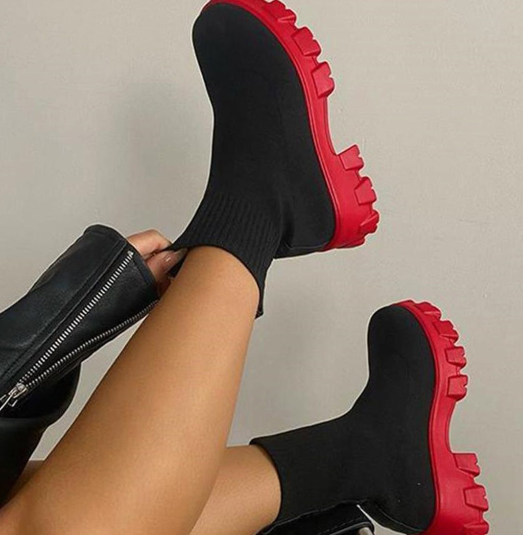 Women's Chunky Slip-On Sock Ankle Heel Boots Lug Sole - Black With Red Soles
