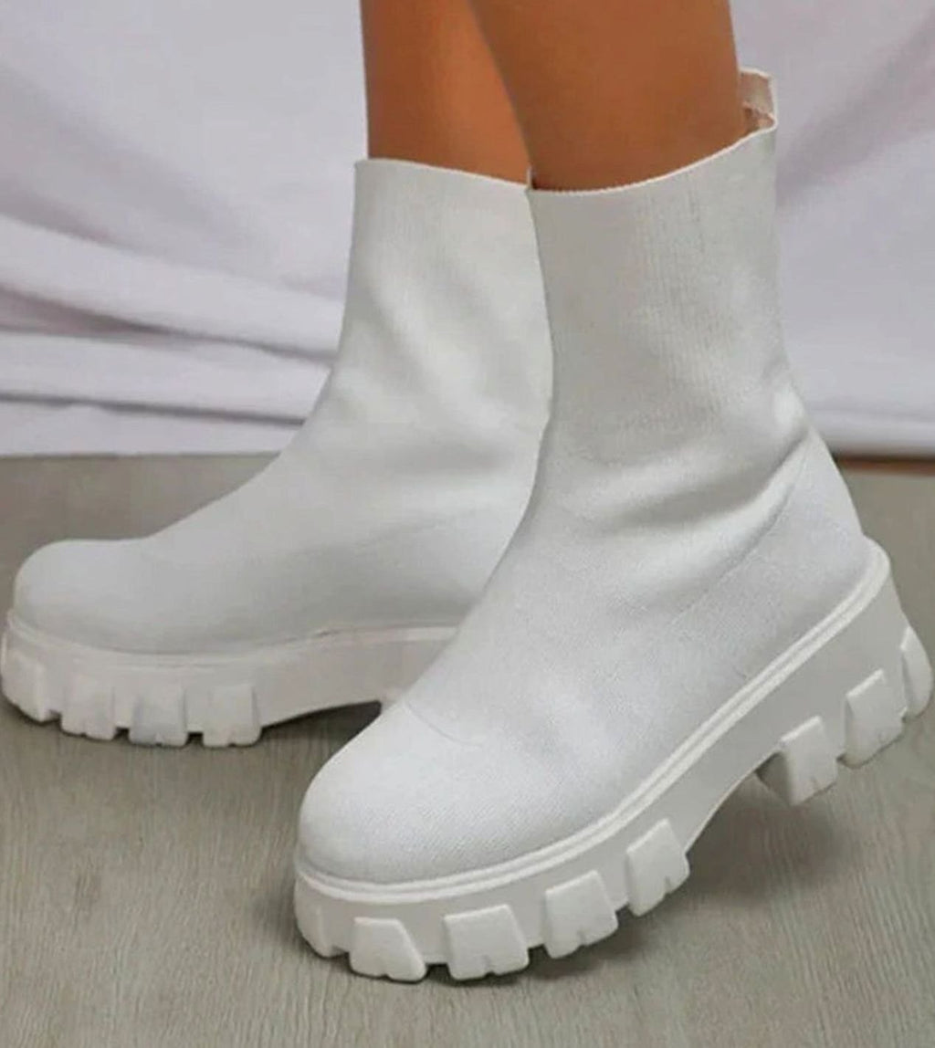 Women's Chunky Slip-On Sock Ankle Heel Boots Lug Sole - White