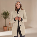 Women's Classic Beige Wool Coat Stand Collar Button Front - Beige