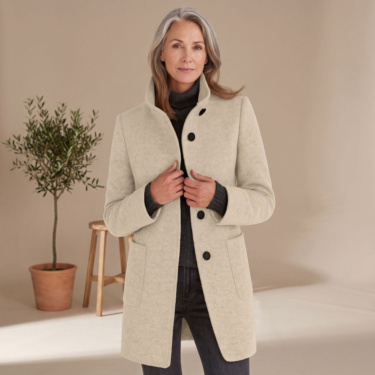 Women's Classic Beige Wool Coat Stand Collar Button Front - Beige