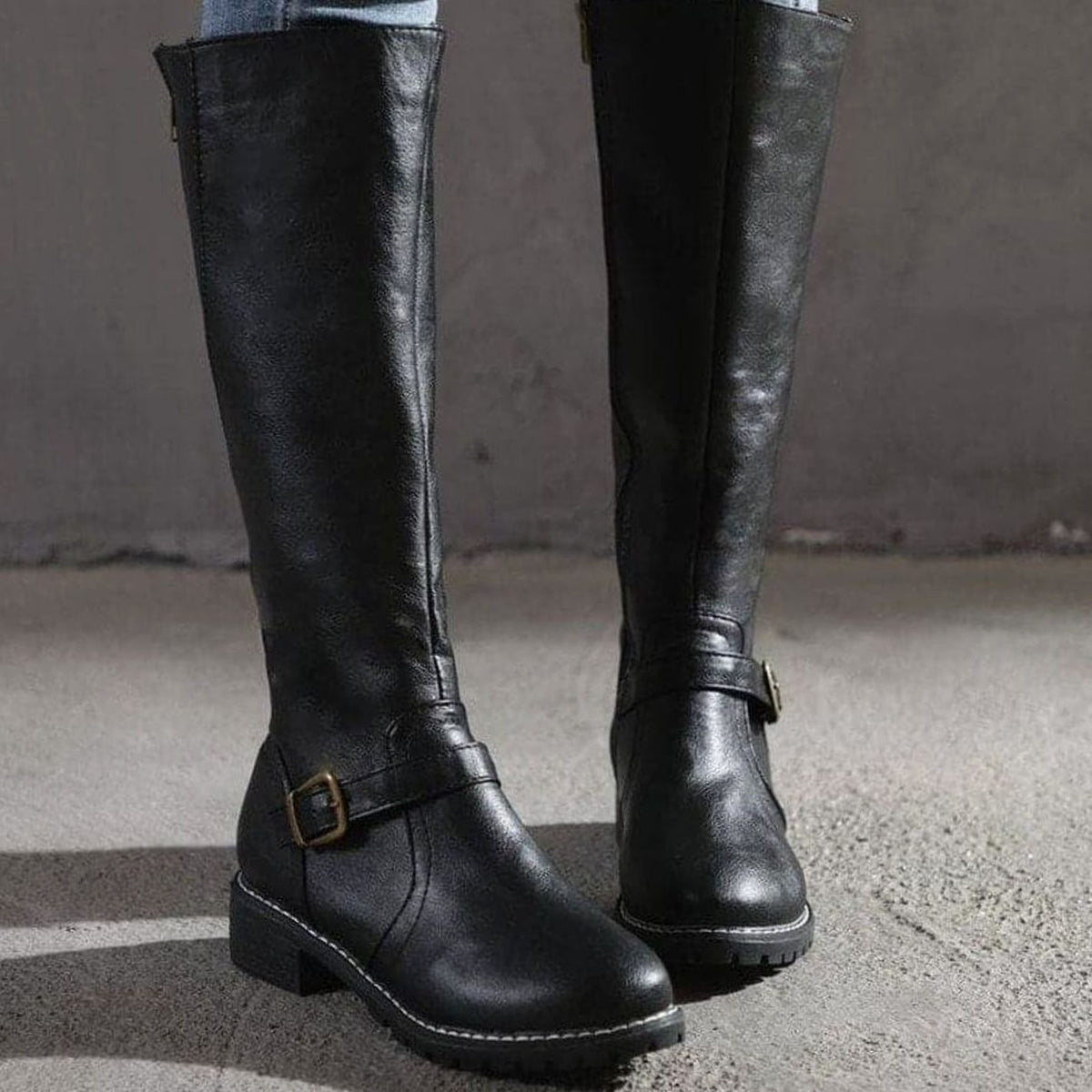 Women's Classic Buckle Side-Zip Knee-High Boots - Black