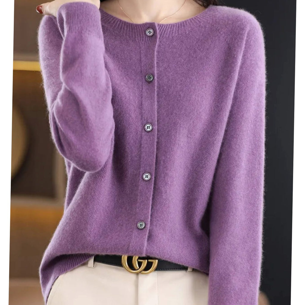 Women's Classic Button Merino Wool Crew Neck Cardigan Sweater - Purple
