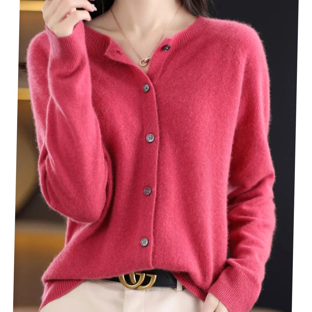 Women's Classic Button Merino Wool Crew Neck Cardigan Sweater - Dark Pink